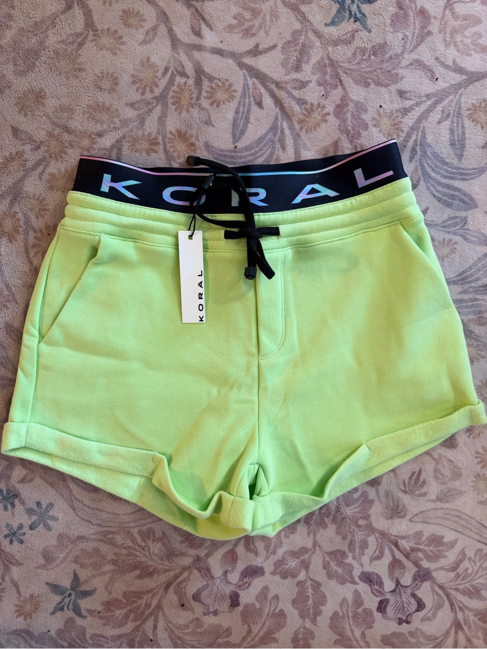 Koral Neon Lime Elastic Logo Waist Athletic Shorts